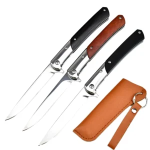 China-Made 440C Steel Folding Knife Wood Handle Customizable OEM Outdoor Camping Fishing Tactical Pocket Knife Sheath