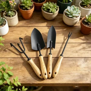 Classic Industrial Grade Iron Garden Hand Tool Set with Wooden Handles for Manual Digging Cultivating Plant Care Small Gardens
