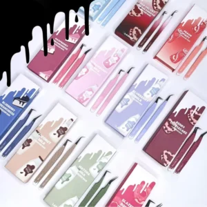 Colourful Diamond Grip Eyelash Tweezers Custom Box Packing Fiber Tip Volume Lash Extension Tweezers Set