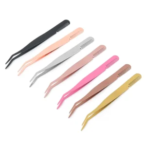 Custom Logo Lash Tweezers Stainless Steel Eyelash Tweezers with Eyebrow Comb