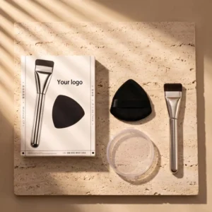 Custom Logo Synthetic Fibre Flat Makeup Brush Set with Triangle Blender Makeup Sponge