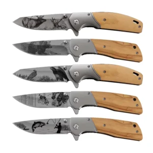 Custom With 3D Patterns of Bear & Elk Olive Wood Handle Steel Blade Outdoor Folding Hunting Pocket EDC Knife