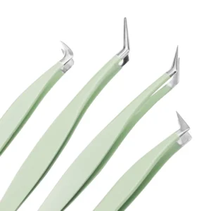 Customize 4 Pieces Tweezers Green 75 Degree Tip Tweezers Stainless Steel Lash Tweezers with Logo