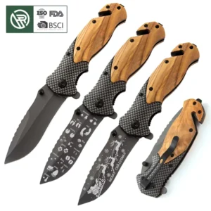 Customized X50 Olive Wood Handle Gift Folding Knife DIY Laser Engraved EDC Camping Hunting Outdoor Pocket Knife