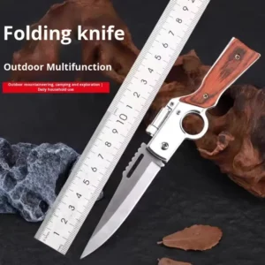 DIY Ak Stainless Steel Solid Wood Handle Serrated Edge Outdoor Multifunctional Folding Knife with Light