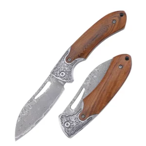Damascus Outdoor Multitool Folding Knife Hunting Survival Pocket Knife with Wooden Handle