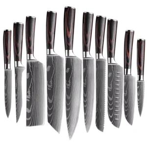 Damascus Pattern Chef Knife Set Stainless Steel Blades Disposable Feature Pakka Wood Handle Kitchen Knife Collection