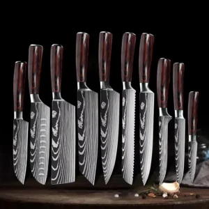 Damascus Pattern Kitchen Knives Sharp Stainless Steel Cleaver Slicing Santoku Professional Cooking Cutter 10PCS Chef Knife Set