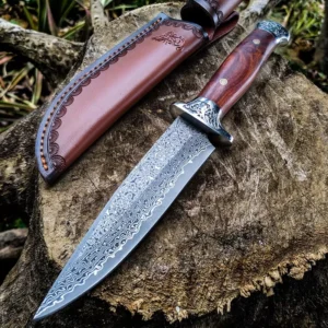 Damascus Steel Fixed Blade Knife Rosewood Handle Outdoor Survival Hunting Knife with Leather Sheath