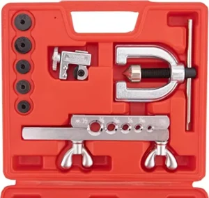Double and Single Flaring Tool Kit for Brake Line and Brass Tubing Tool with Extra Adapters 45 Degrees Red