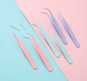 Eyelash Tweezers Pink Powder Coated Silver Tip With Silver Glitter Eyelash Extension Tweezers Sticker Clip Nail Tweezer