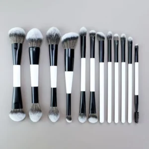 F Series Black and White Double headed Nylon Makeup Brush Set for Foundation Blush Powder & Eye Use with Wood Handle