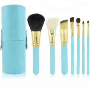 Factory Price Private Label Low MOQ 7pcs Professional Synthetic Hair Wood Handles Makeup Brush Set Leather Cup Holder