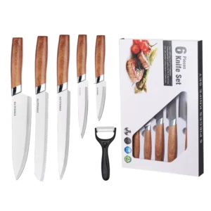 Factory in Stock 6 Pcs Wood Grain Handle Kitchen Knife Set Wooden Handle Knives With Gift Box