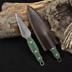 Feather Pattern Etched 5CR13 Fixed Blade Knife Green G10 Handle Compact EDC Outdoor Knife with Sheath