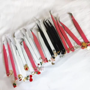Fiber Tip Volume Lash Extension Tweezers With Charms Isolation Slanted 45 90 Degree Black Pink White Eyelash Tweezers