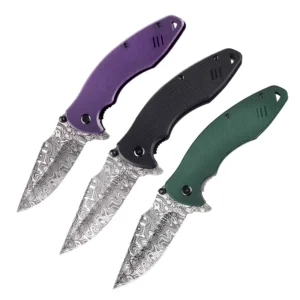 Folding Knife High Carbon 8Cr14 Hunter Pakistan Steel Hunting Pocket Folding Knife with Damascus Laser