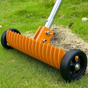 Garden Leaf Rake with Smooth Rolling Wheels Double Sided Head for Cleaning Dead Grass Alloy Steel Thatch Rake