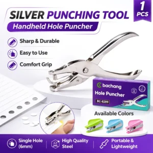 Handheld Single Hole Punch 6mm Heavy Duty Metal Paper Puncher with Scrap Collector for Office and School