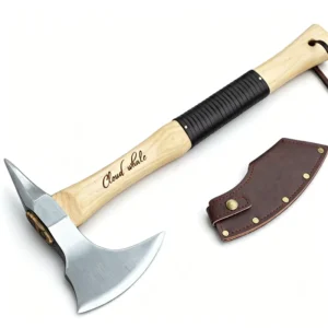 High Carbon Steel Forged Viking Axe Walnut Wood Handle Camping Tactical Axe Hatchet with Leather Sheath for Wood Splitting
