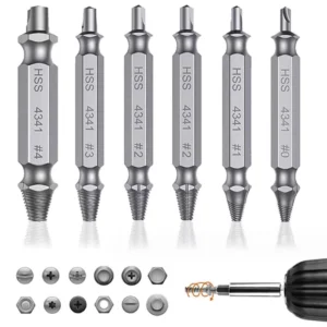 High Speed Steel Damaged and Broken Screw Extractor 6 Pcs Stripped Broken Bolt Stud Screws Remover Kit
