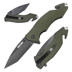 In Stock Pocket Knife Green G10 Handle 3Cr13 Blade Custom Outdoor Hunting Tactical Folding Knife with Glass Breaker
