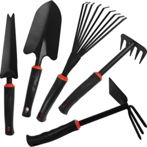 Industrial Grade Four Piece Steel Head Black Gardening Tool Set Shovel Rake Hoe for Small Vegetable Flower Planting