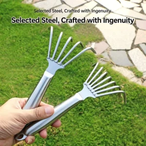 Integrated Stainless Steel Small Rake Multi prong Garden Rake for Soil Loosening Weeding Beach and Landscaping Use