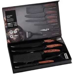 Japanese Stainless Steel Kitchen Knife Set Wood Grain Pattern Carving Chef Knife Metal Material