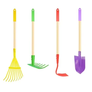 Kids Long Garden Tools 4PCS Set Include Long Handle Rake Shovel Hoe Leaf Rake Yard Tools
