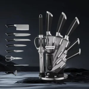 Knives Stainless Steel Custom Japanese Exclusive Set Sharpener Meat 9Pcs Kitchen Knife Set With Wooden Cutting Board