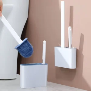 Long Handle Soft TPR Cleaning Silicone Oval Shaped White and Black Toilet Brush Set with Holder