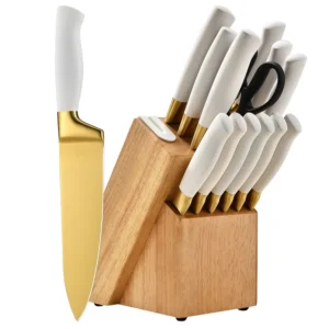 Modern 14 Piece Golden Stainless Steel Chef Kitchen Knife Set Slicing Knife Ambidextrous Handles Self Sharpening