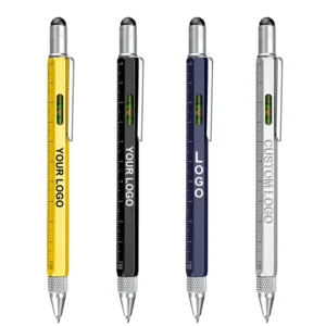 Multifunctional 6 in 1 Custom logo Color Metal Ballpoint Pens Engineering Pen with Cm inch Scale and Water Level Function