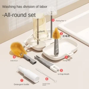 Multifunctional Silicone Nipple Straw Cleaning Brush Built In Drain Rack Travel Portable Color Box Baby Bottle Brush Set