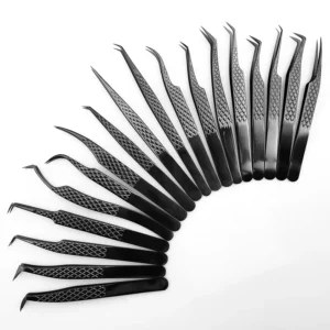 New Custom Logo Fiber Tip Volume Lash Extension Tweezers With Charms Isolation Slanted 45 90 Degree Black Eyelash Tweezers