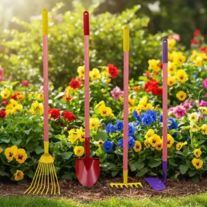 OEM ODM 4Pcs Colorful Kids Garden Tool Set Safe Durable Manual Wooden Handle Shovel Rake Hoe Outdoor Yard Planting