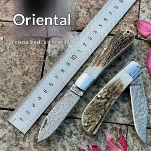 Oriental Damascus Steel Folding Knife with Antler Handle Multifunctional Portable Pocket Knife Bowie Kitchen Knife Hanging Hole