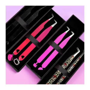 Pink Grip Eyelash Tweezers Box Isolation Private Label Slanted Fiber Tip Volume Lash Extension Tweezers with Charms Custom Logo