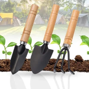 Polished Wooden Hand Gardening Tools Garden Ornament Potting Shovel and Rake