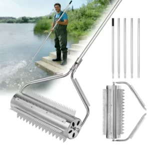 Pond Rake Roller Lake Weed Cutter Remover Stainless Steel Beach Roller with Adjustable Aluminum Handle