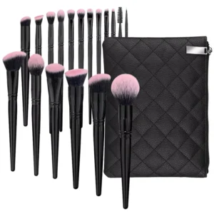 Portable Professional 18 Piece Angular Blush Makeup Brush Set Custom Black Diamond Glitter Synthetic Hair Flat