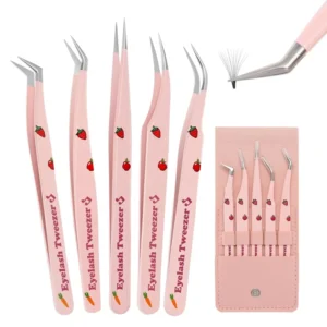 Print Logo Nano Grip Microfiber Eyelash Tweezers Pink 7Pcs Volume Lash Extension Fiber Tips Tweezers Set