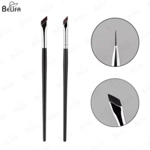 Private Label Professional Ultra Thin Fine Wooden Handle Angled Flat Head Single Eyebrow Sickle Eyeliner Brush