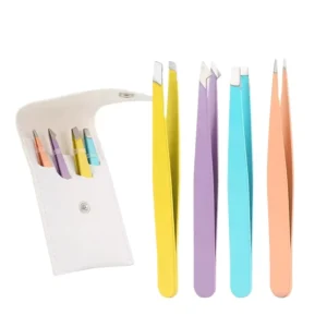 Professional 4 Piece Stainless Steel Eyebrow Scissor and Tweezer Set Grip Brows Tweezers Set in PU Leather Bag