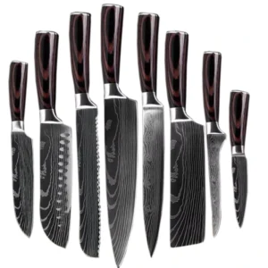 Professional 8 Pcs Kitchen Knife Set Laser Damascus Pattern Stainless Steel Chef Knife Set with Pakkawood Handle Sharp