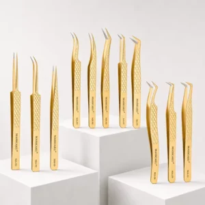 Professional Makeup Artist Lash Tweezers Golden Diamond Non Slip Handle Full Range Straight Curved Eyelash Extension Tweezer Set