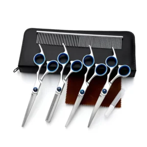 Professional Plastic Pet Grooming Scissors Kit Self Cleaning Straight Thinning Curved Shears for Dogs Cats Portable Hair Cutting