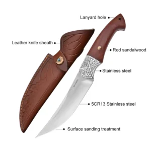 Red Sandalwood Handle 5cr13 Steel Blade Tactical Bushcraft Knife for Self Defense with Leather Knife Sheath
