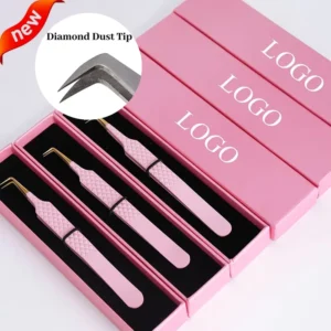 Rose Pink Diamond Grip Eyelash Tweezers Pink Box Packing Isolation Fiber Tip Volume Lash Tweezers